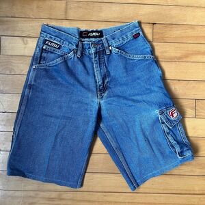Vintage FUBU Denim Carpenter Shorts Baggy 90s Streetwear Jorts Blue 26W